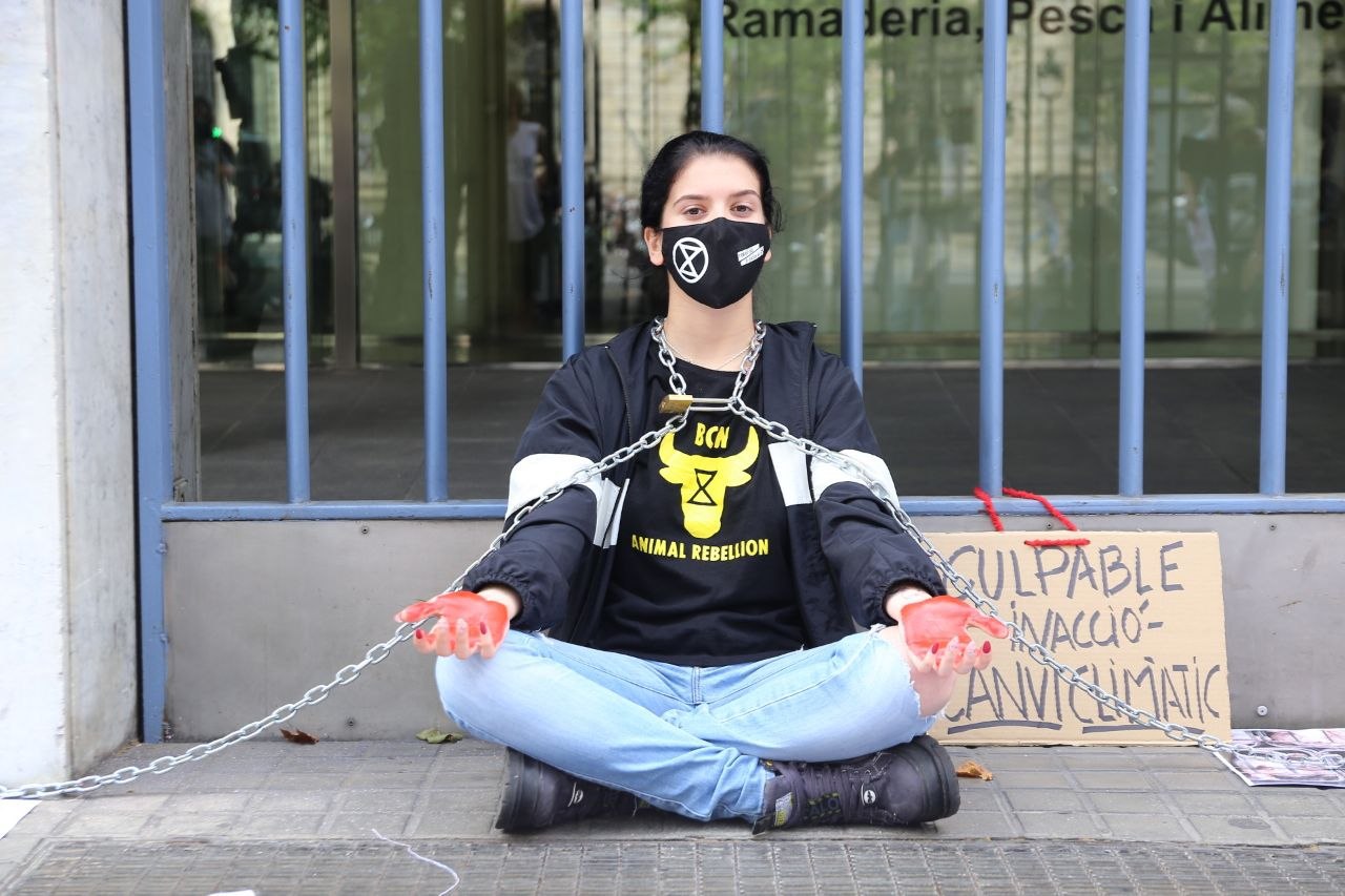 Una rebelde de Animal Rebellion Barcelona encadenada frente a la sede del Departamento de Agricultura, Ganadería, Pesca, Alimentación y Medio Ambiente.
